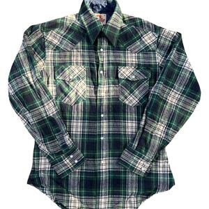 Vintage 1970 Saturdays in California Men Wool Shirt Blue Green Plaid Size Med